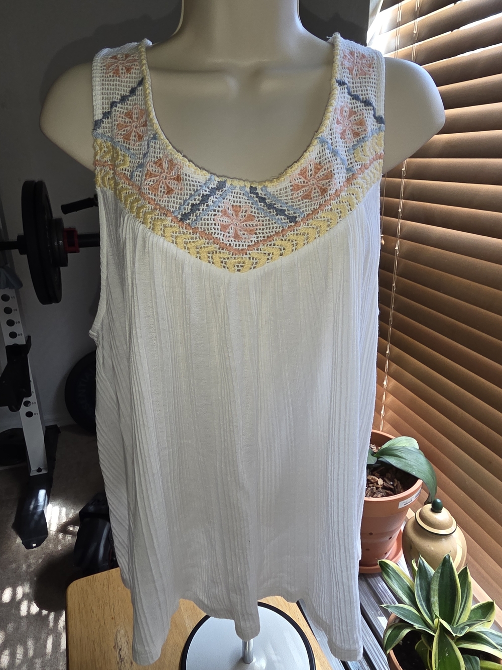 Lucky Brand White Tank with Pastel Crochet Yoke